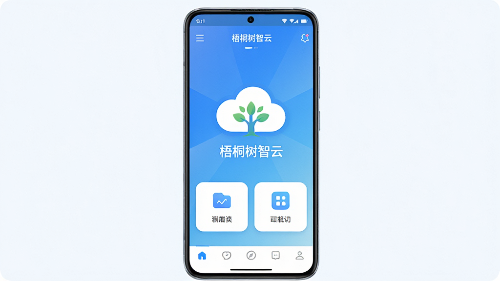 主体为一部安卓手机屏幕显示“梧桐树智云”软件主界面,界面中央有云朵与树形图标组合,布局采用居中对称排版,风格为清新科技感,细节包含蓝色渐变背景、圆角卡片式功能入口、顶部状态栏与底部导航栏,画质高清,画面干净,无多余元素