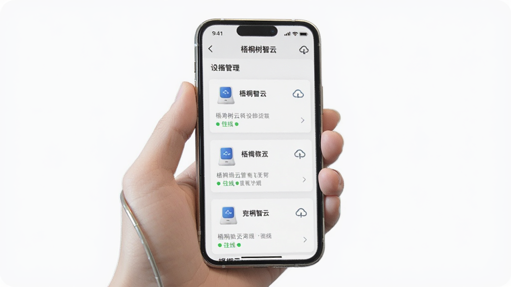 主体为一只手拿着手机,手机屏幕显示“梧桐树智云”设备管理列表界面,布局为竖屏展示,风格为简约商务,细节包含多个设备卡片、绿色在线状态点、云端同步图标,画质清晰,画面干净,无多余元素
