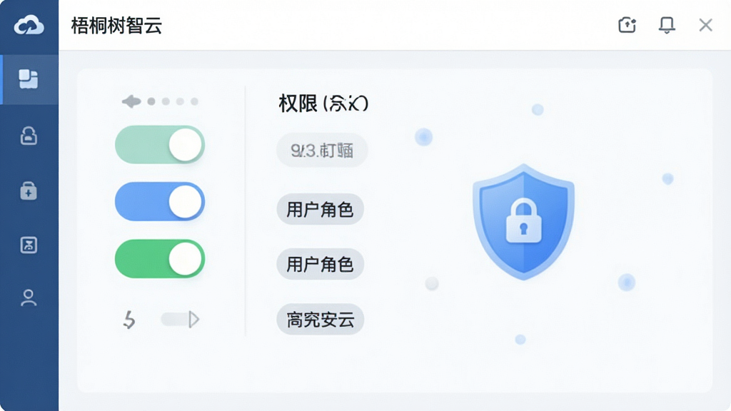 主体为“梧桐树智云”软件权限设置界面,布局为上下分栏,风格为清爽浅色,细节包含权限开关按钮、用户角色标签、盾牌安全图标,画质高清,画面干净,无多余元素