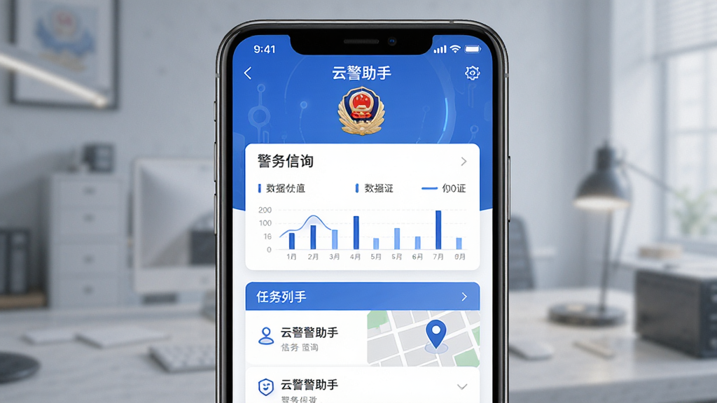 主体为一部智能手机屏幕显示“云警助手”应用界面,布局采用居中构图,屏幕中呈现警务信息查询与任务列表模块,排版简洁清晰,风格为现代科技感与政务蓝白配色,细节包含警徽元素、数据图表与地图定位图标,画质高清,画面干净,无多余元素