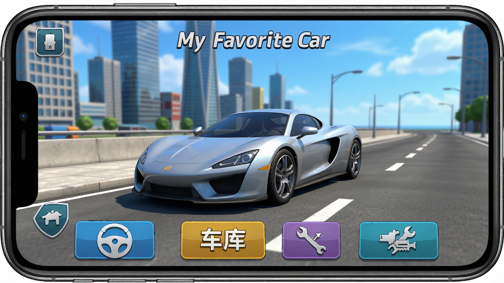 һ���ֻ���Ļչʾ My Favorite Car ��Ϸ�����棬����������һ���������ܳ�ͣ�ڳ��е�·�ԣ������и�¥�����죬�����·��ֲ���ʻ�����⡢��װ�Ȱ�ť��������������ˬ��3D��Ⱦ�ʸУ����������ɾ����޶���Ԫ��
