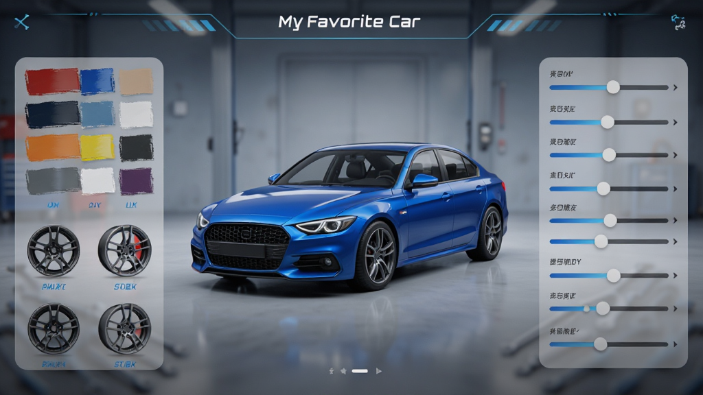 My Favorite Car �����װ���棬һ����ɫ�γ�ͣ�����룬��Χ���Ƴ���ɫ�塢���ѡ���������������飬�����Ű����룬�����Ƽ��У�����������������Ԫ��