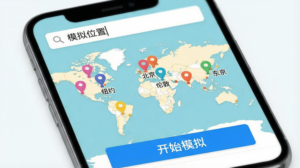 一张展示模拟位置软件操作界面的图片,画面主体是一个手机屏幕,屏幕中显示着一幅世界地图,地图上有多个不同颜色的定位图钉,每个图钉下方标注着城市名称,如“北京”、“纽约”、“伦敦”、“东京”,屏幕顶部有一个搜索框,搜索框内写着“模拟位置”,屏幕底部有一个醒目的蓝色按钮,按钮上写着“开始模拟”,整体风格为扁平化设计,配色清新明亮,细节丰富,画质高清,干净,无多余元素