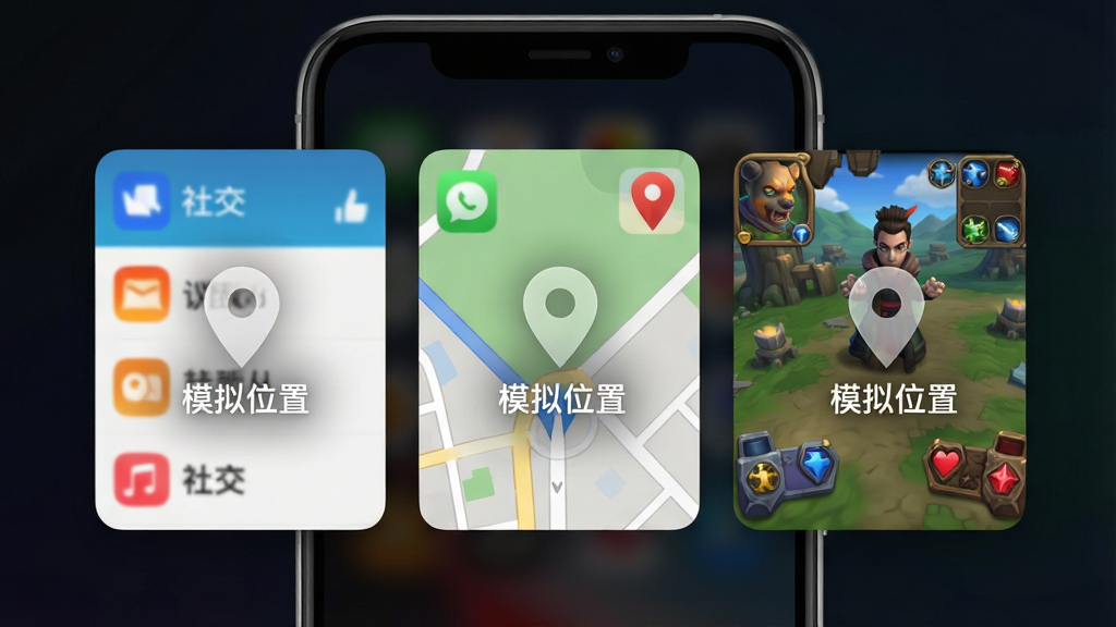 一张展示手机多任务切换界面的图片,画面中同时显示三个应用卡片,分别是社交应用、地图导航应用和游戏应用,每个应用卡片上都叠加了一个半透明的定位图标,图标旁边写着“模拟位置”字样,手机整体呈现代感设计,背景为深色渐变,应用图标色彩鲜艳,细节清晰,画质为高清,干净,无多余元素