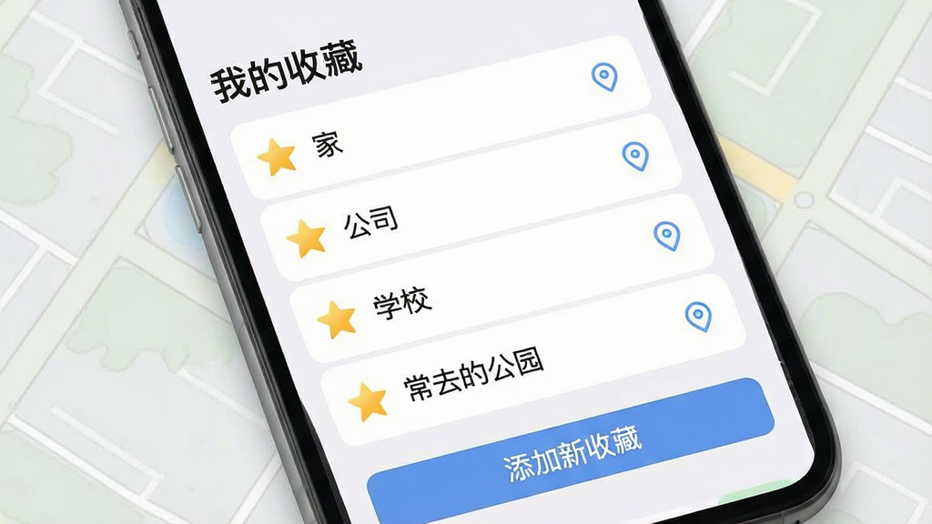 一张展示模拟位置软件收藏夹界面的图片,画面主体是手机屏幕,屏幕中显示一个列表,列表项包含“家”、“公司”、“学校”、“常去的公园”等名称,每个列表项左侧有一个星星图标,右侧有一个定位图标,列表顶部有“我的收藏”标题,底部有“添加新收藏”按钮,整体风格为卡片式设计,配色柔和,细节清晰,画质高清,干净,无多余元素