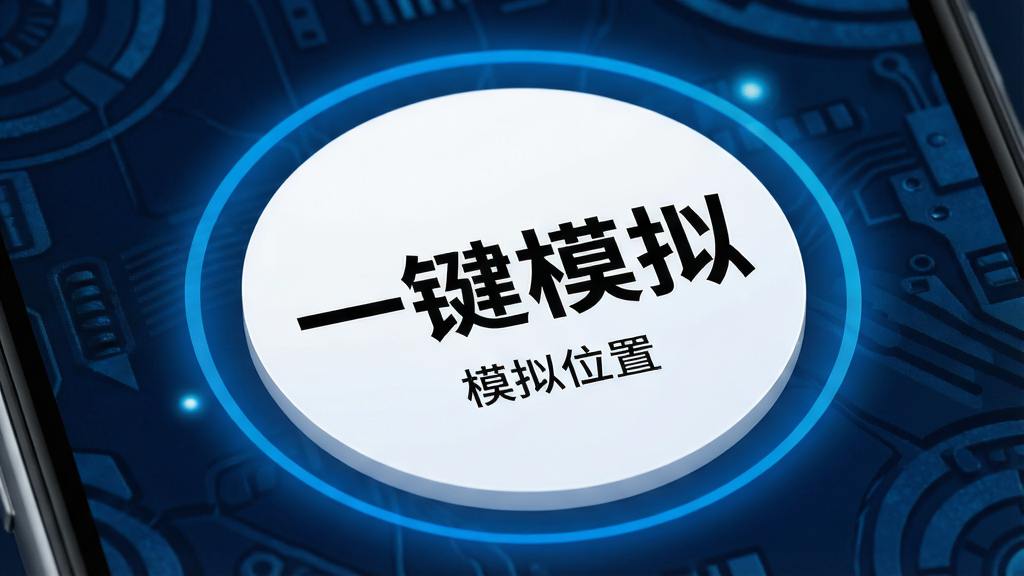 一张展示手机屏幕特写的图片,屏幕中央是一个巨大的圆形按钮,按钮外圈为蓝色光环,内圈为白色,按钮中央写着“一键模拟”四个黑色大字,按钮下方有一行小字“模拟位置”,屏幕背景为深蓝色科技纹理,按钮周围有细微的光晕效果,整体风格简洁大气,细节精致,画质高清,干净,无多余元素