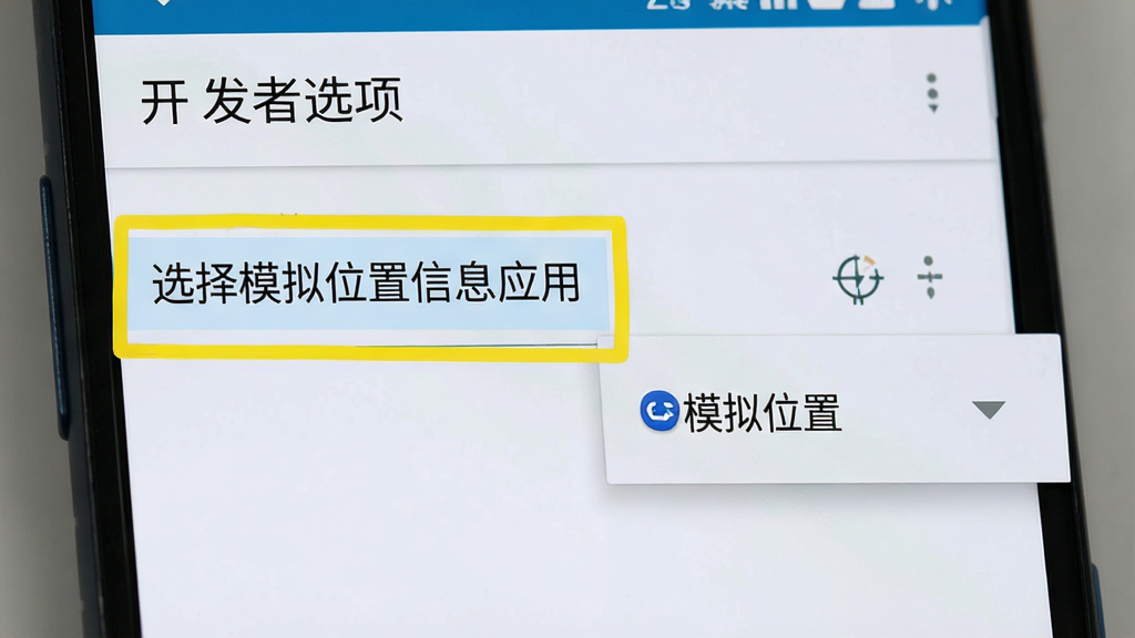 一张展示手机开发者选项界面的图片,屏幕中显示“选择模拟位置信息应用”选项,该选项被高亮标注,旁边有一个下拉菜单,菜单中显示“模拟位置”应用名称,屏幕顶部有“开发者选项”标题,背景为浅色系统设置界面,风格为原生安卓设计,细节清晰,画质高清,干净,无多余元素