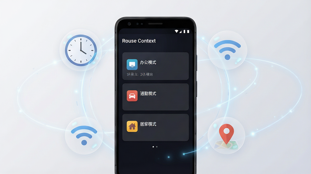 画面中央展示一部安卓手机,手机屏幕显示“Rouse Context”软件主界面,界面采用深色主题,中间有场景卡片式布局,分别标注“办公模式”“通勤模式”“居家模式”,每个卡片带有简洁图标;手机周围环绕着时钟、Wi-Fi信号、地理位置图钉等半透明元素,形成科技感光晕;背景为干净的浅灰渐变,风格为扁平化UI设计,细节清晰,画质高清,无多余元素。