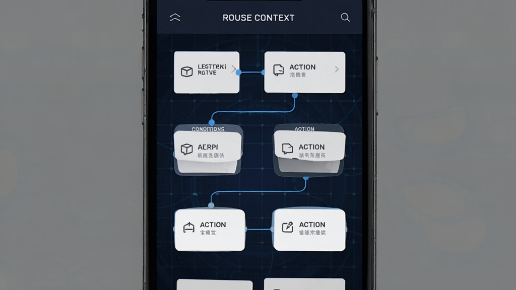 画面展示“Rouse Context”的规则编辑界面,手机屏幕上有条件卡片和动作卡片用线条连接,形成流程图样式,背景为深蓝色科技网格,风格为极简扁平化,画质高清,无多余元素。