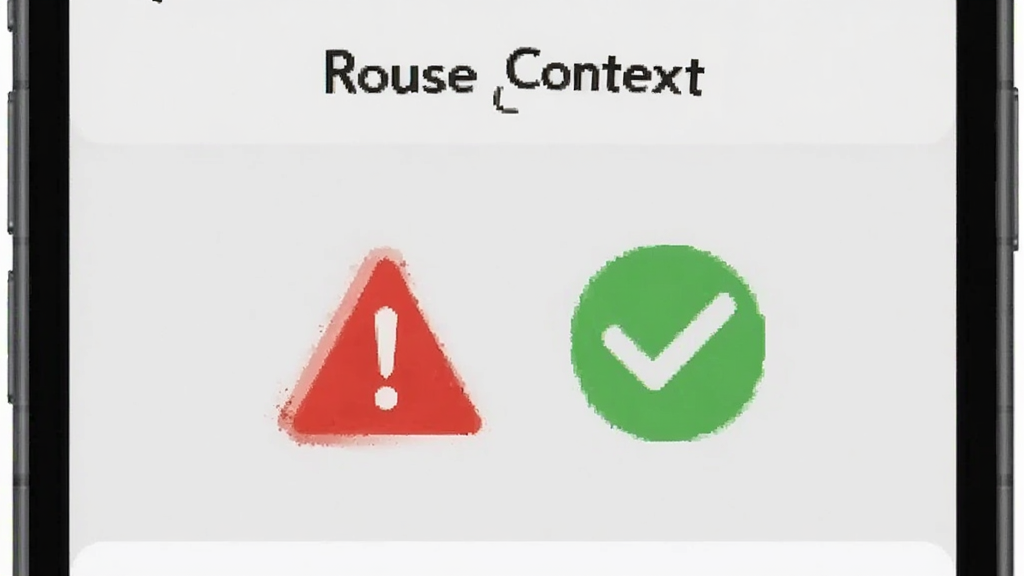 画面展示一部手机屏幕上显示“Rouse Context”的权限设置页面,旁边有红色警示标志和绿色对勾图标,背景为浅灰色,风格为信息图表式,细节清晰,画质干净,无多余元素。