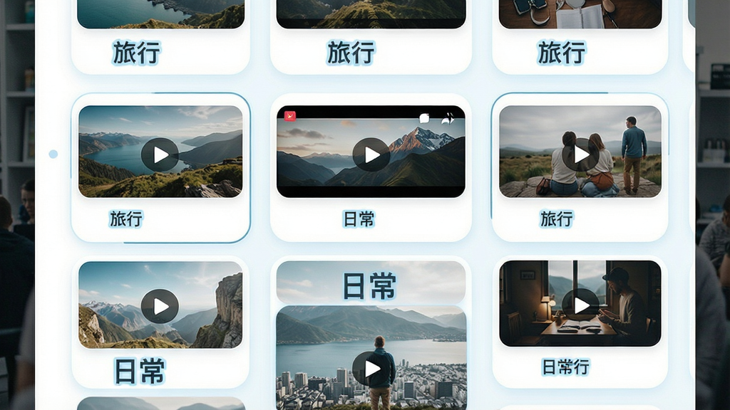 һ�������������Ʒ����棬��Ļ�������Ŷ����Ƶ����ͼ��Ƭ��ÿ����Ƭ�·��б�ǩ���֡����С����ճ�������������ˬ����ɫ�԰�ɫ��ǳ��Ϊ����ϸ�ڰ���Բ�ǿ�Ƭ�����������֣����ʸɾ����޶���Ԫ��