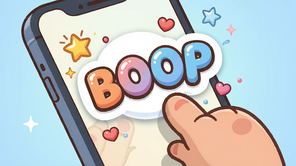 һֻԲ��ɰ��Ŀ�ͨС��ָ�����ᴥ�ֻ���Ļ���룬��Ļ���뵯��һ�����ġ�BOOP���������֣���Χɢ�������ǺͰ���װ��Ԫ�أ�������ñ�ƽ����ͨ���ɫ��������ů������Ϊǳ��ɫ���䣬����ɾ����࣬�޶���������廭�ʣ��ʺ���Ϊ��������ͼ