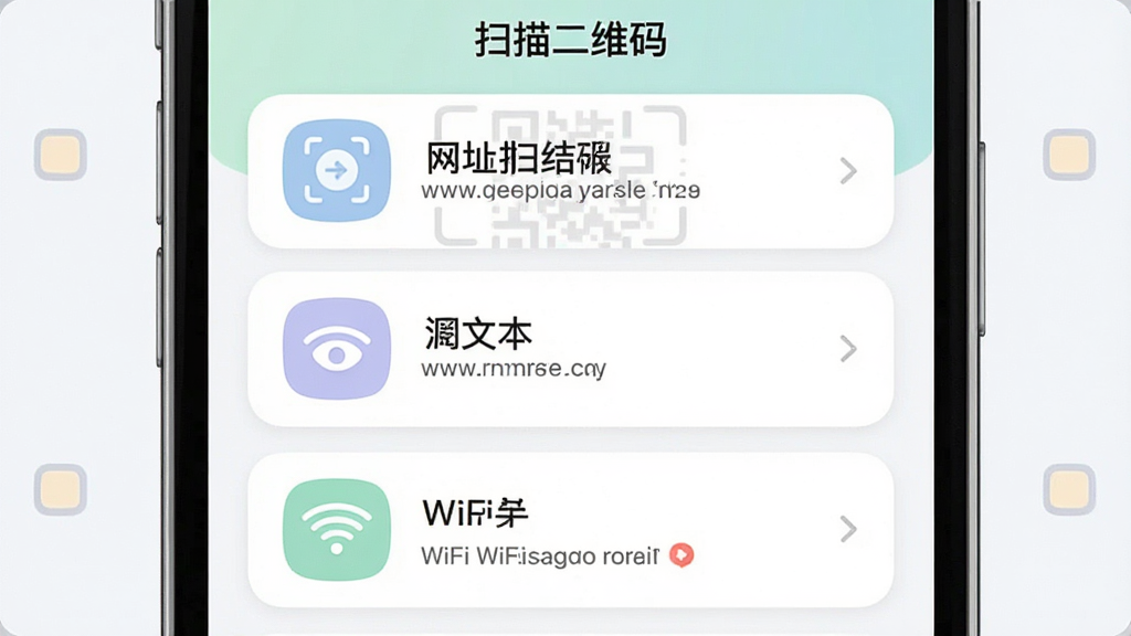 主体为扫描二维码应用的结果展示页面,屏幕上分别列出网址、文本、WiFi三种识别结果卡片,布局为纵向排列,风格为清新扁平化UI,细节包括卡片圆角、图标配色柔和,画面中文字标注“扫描二维码”,画质高清,干净整洁,无多余装饰。