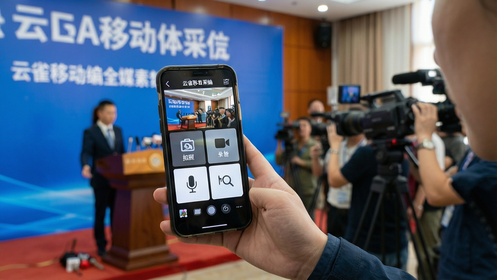 一张展示云雀移动采编全媒体素材采集功能的场景图,画面中一位记者手持手机正在新闻现场拍摄,手机屏幕上显示着云雀移动采编的素材采集界面,包含拍照、录像、录音和文字输入四个功能按钮。背景为新闻发布现场,有横幅和人群。画面风格为写实摄影风,色彩明亮,主体突出,细节清晰,画质干净,无多余元素。