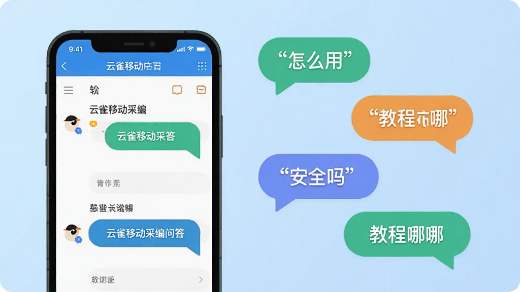 一张展示云雀移动采编用户问答场景的示意图,画面左侧是一个手机屏幕显示云雀移动采编的问答界面,右侧是几个常见问题气泡,上面写着