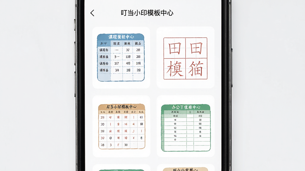 主体为手机屏幕展示叮当小印模板中心界面,布局为网格状排列的各类打印模板缩略图,排版整齐,风格为清新扁平化设计,细节包括课程表、田字格和办公表格的缩略图,画质高清,干净,无多余元素