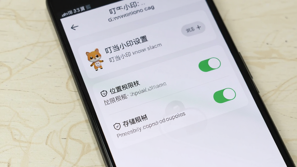 主体为一部安卓手机屏幕显示叮当小印的权限设置界面,布局为手机特写,背景为浅色桌面,排版简洁,风格为数码产品展示图,细节包括位置权限和存储权限的开关按钮,画质高清,干净,无多余元素