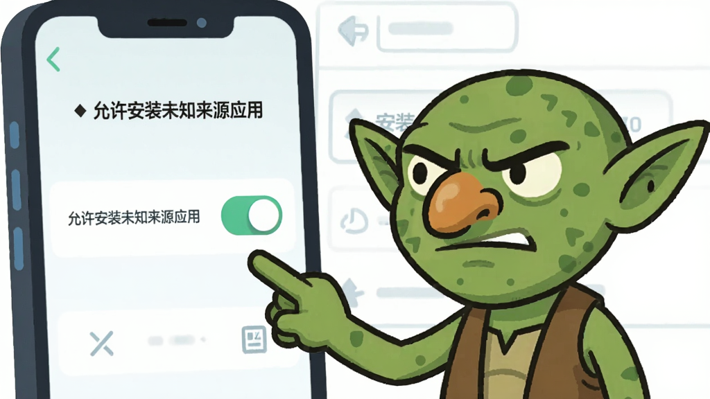 һֻ��ͨ�粼��վ���ֻ���Ļǰ����ָ����Ļ�ϵİ�װ��ʾ���棬��������ʾ��������װδ֪��ԴӦ�á��Ŀ��ذ�ť���粼�ֱ������棬�����Ǽ���ǳɫ���棬������ñ�ƽ���廭���ɫ�����죬��ͼ���������ʸɾ����޶���Ԫ��