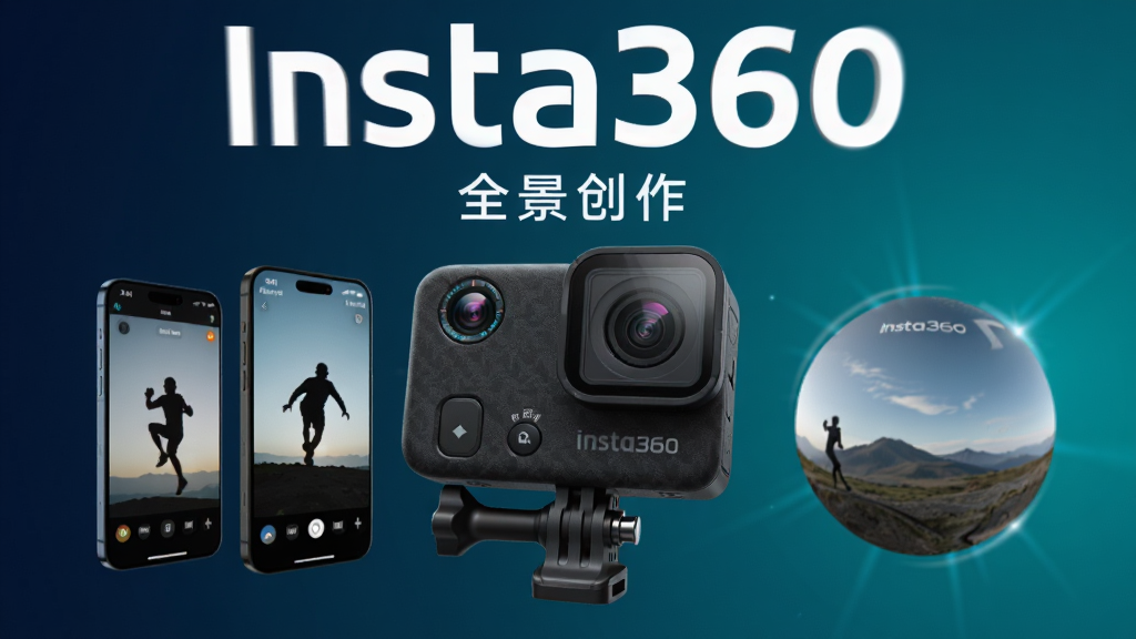 ��ͼ��ͼ��һ̨Insta360ȫ�����Ϊ���ģ���������ڻ������룬��Χ�����ֻ���Ļ���桢�˶�������Ӱ��ȫ������չ��Ч��������Ϊ��������ɫ�Ľ���Ƽ�ɫ�������涥���ð�ɫ����д