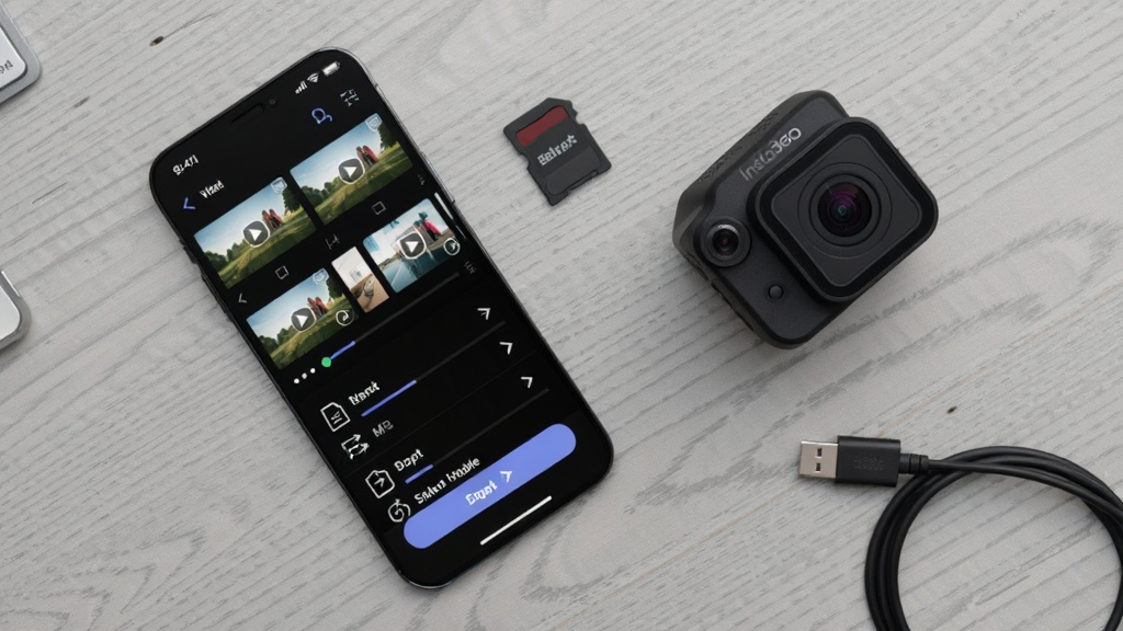 һ�Ÿ����ӽǵ����沼��ͼ�������Ϸ���һ̨�ֻ���һ̨Insta360������ֻ���Ļ��ʾ�زĹ������棬�������ж����Ƶ����ͼ���������뵼����ť���Ա��д洢���������ߣ�����Ϊǳ��ɫľ�����棬��������룬ϸ�ڰ�������ͼ�ꡢ�ļ��б���������ͷ�����ʸ��壬�ɾ����޶���Ԫ��