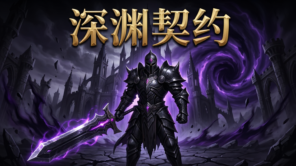 画面中央展示一款暗黑魔幻风格的角色扮演手游主视觉,主体是一位身披黑色铠甲、手持发光巨剑的战士角色,背景是破碎的哥特式城堡与翻涌的暗紫色深渊能量漩涡,布局采用中心对称构图突出人物,排版上方留白区域用金色立体字体写