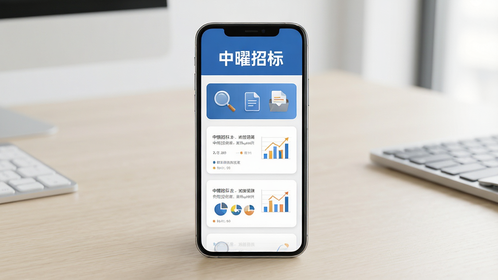 主体为一款智能手机竖屏展示招标信息列表界面,布局为手机居中放置于浅色办公桌面,排版采用上下结构上方为软件名称下方为信息卡片,风格为现代简约商务风,细节包含放大镜图标、文件图标、数据图表元素,画质高清干净无多余元素,画面中文字标注“中曜招标”