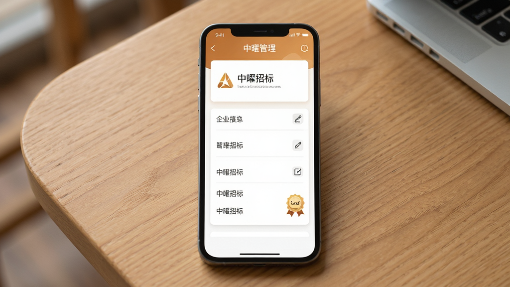 主体为手机屏幕展示企业信息管理界面,布局为手机居中放置于木质桌面,排版采用表单卡片式布局,风格为温暖商务风,细节包含企业logo占位、编辑图标、认证徽章,画质高清干净无多余元素,画面中文字标注“中曜招标”
