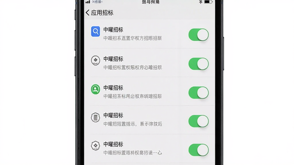 主体为手机屏幕展示应用权限设置界面,布局为手机界面特写居中,排版采用纵向权限列表,风格为系统设置原生风格,细节包含开关按钮、权限图标、提示文字,画质清晰干净无多余元素,画面中文字标注“中曜招标”