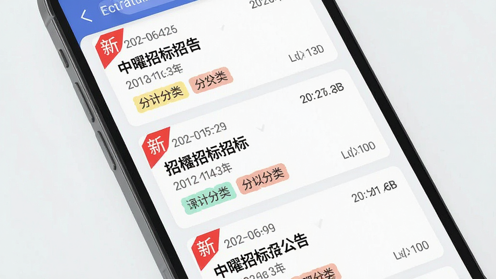 主体为手机屏幕显示多条招标公告卡片列表,布局为手机界面特写居中,排版采用纵向卡片流形式,风格为扁平化科技感,细节包含红色“新”字角标、时间戳、分类标签,画质清晰干净无杂乱元素,画面中文字标注“中曜招标”