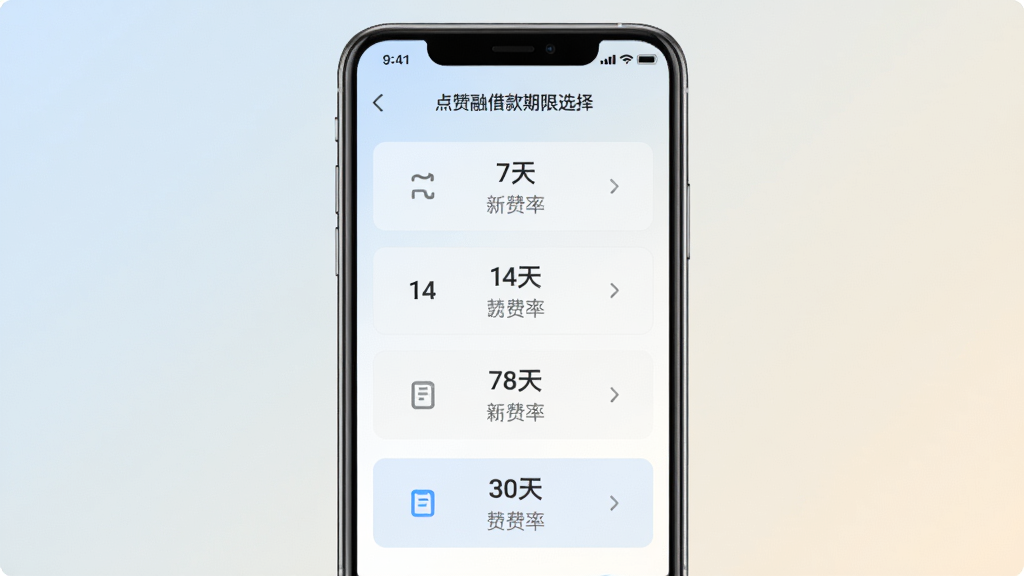 �����ڽ������ѡ��ҳ�棬�ֻ�����չʾ�������ѡ�����7�졢14�졢30��ȣ�ÿ��ѡ����ж�Ӧ�ķ���˵��������Ϊǳɫ���䣬�Ű���������������UI��ͼ���