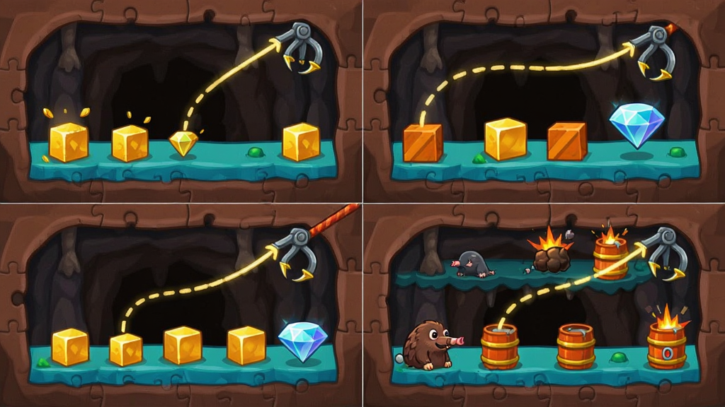 Gold Miner Draw to Collect ��ؿ�����ƴͼ��չʾ�ĸ���ͬ�ѶȵĿ󶴹ؿ����ֱ��м�ֱȡ��顢�ƹ��ϰ�ץ��ʯ����ʱ�ռ�Ŀ�ꡢ�Լ���������ͱ�ըͰ�ĸ��ӹؿ���ÿ�����涼�л��߹켣��ץ����������ͨ���ͳһ���Ű����룬���ʸ���