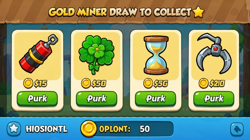 Gold Miner Draw to Collect ��Ϸ�̵���棬չʾ���ֵ���ͼ�����ըҩ�����˲ݡ�ʱ��ɳ©��ǿ��ץ����ÿ�������Ա߱�ע��Ҽ۸��������ť������ײ���ʾ��ҵ�ǰ���н������������UI���ͨ��࣬��ɫ���죬���ʸɾ�����