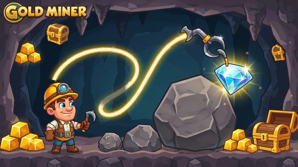 Gold Miner Draw to Collect ��Ϸ��ͼ��չʾ����ڿ��л���һ��������������ץ�����������켣�ƹ�һ�����ʯ��׼ץס��һ����������ʯ���������н�顢ʯ��ͱ����Ԫ�أ�ɫ�����ޣ���ͨ��񣬻��������ɾ�