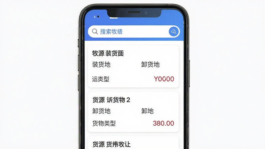主体为手机屏幕展示天蓬牧运司机APP的货源列表页面,布局采用居中排版,上方为搜索筛选栏,下方为滚动货源卡片,风格为扁平化UI设计风格,细节包含货源标题、装货地、卸货地、货物类型、运费价格等字段,画质清晰,干净,无多余元素