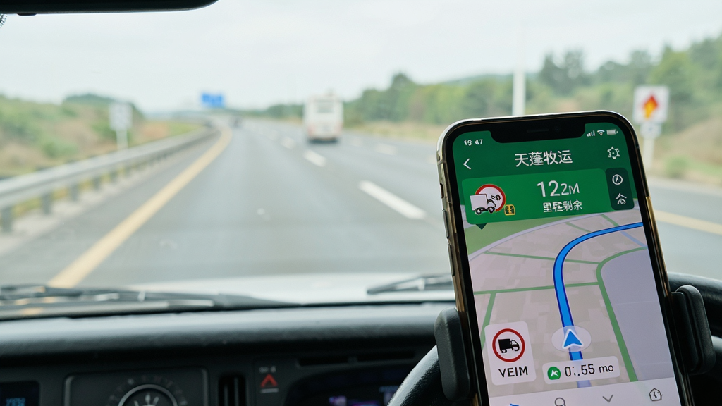 主体为手机支架上的天蓬牧运司机APP导航界面,布局采用对角线构图,手机位于画面右下角,背景为透过挡风玻璃看到的公路实景,风格为写实摄影风格,细节包含导航路线、货车图标、限高提示、里程剩余信息,画质高清,干净,无多余元素