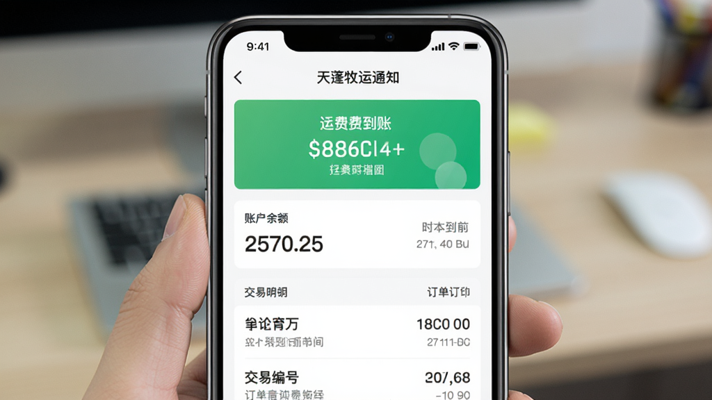 主体为手机屏幕显示天蓬牧运司机APP的运费到账通知页面,布局采用居中排版,上方为绿色到账横幅,下方为账户余额和交易明细列表,风格为清新扁平化UI风格,细节包含金额数字、到账时间、订单编号,画质清晰,干净,无多余元素