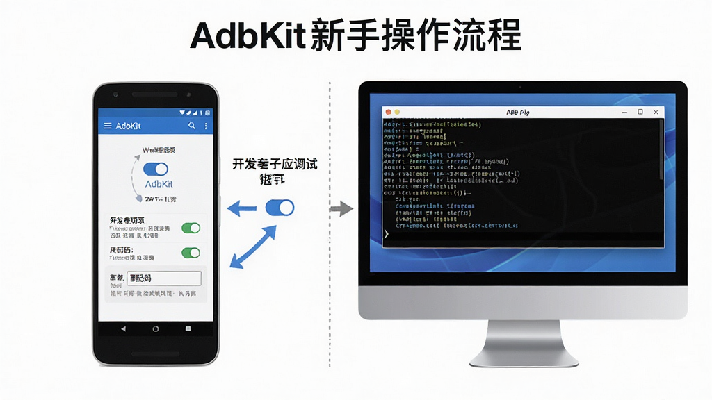一张展示AdbKit新手操作流程的图片,主体为一部安卓手机与一部电脑并排摆放,布局为左右对比,左侧手机显示AdbKit无线调试界面,右侧电脑显示ADB命令窗口,排版清晰,风格为简洁教程风,细节包括连接步骤箭头、开发者选项开关、配对码输入提示,画质清晰,干净,无多余元素