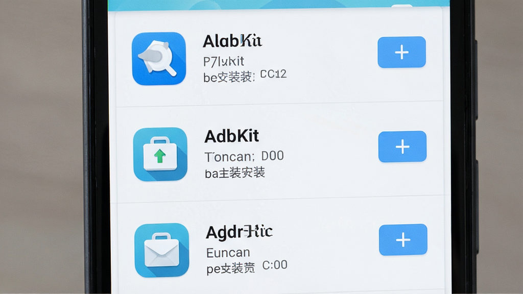 一张展示AdbKit应用管理功能的图片,主体为一部安卓手机屏幕,屏幕上显示应用列表界面,布局为纵向列表,排版清晰,风格为清爽浅色风,细节包括应用图标、应用名称、安装位置标签、操作按钮,画质清晰,干净,无多余元素