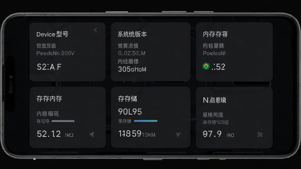 一张展示AdbKit设备信息总览功能的图片,主体为一部安卓手机屏幕,屏幕上显示设备信息面板,布局为卡片式网格,排版整齐,风格为深色科技风,细节包括设备型号、系统版本、处理器、内存、存储等数据条目,画质清晰,干净,无多余元素
