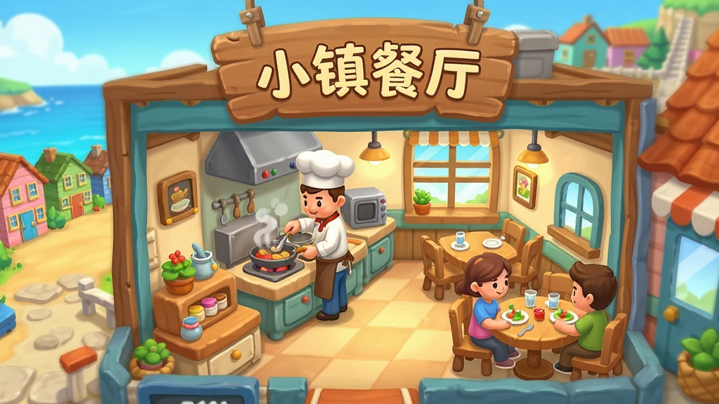 一张竖版手机游戏界面截图,画面中央是一家温馨的海滨小镇餐厅,木质招牌上写着“小镇餐厅”,餐厅内有厨师正在烹饪,顾客坐在桌边用餐,窗外是蔚蓝的海岸与彩色小屋,整体风格为卡通手绘,色彩明亮温暖,细节丰富,画质清晰,干净无多余元素