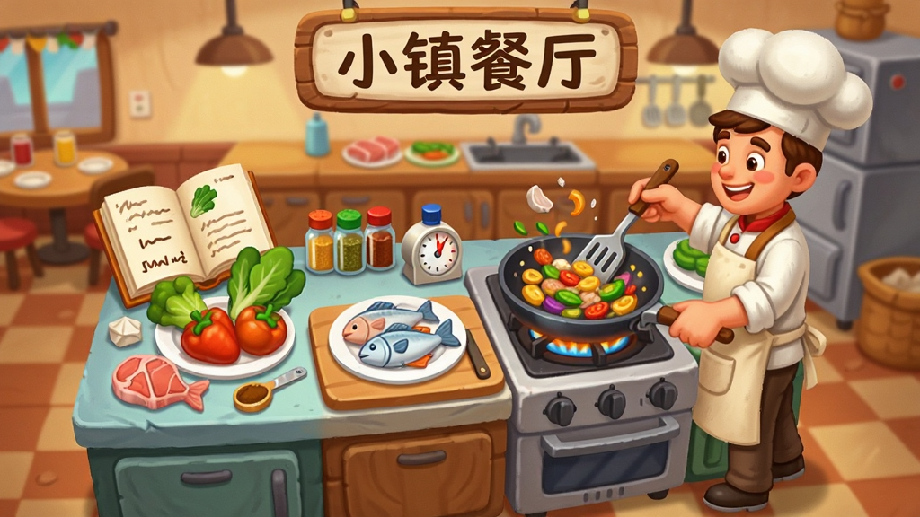 卡通风格的游戏厨房场景,画面中央是“小镇餐厅”的厨房操作台,台面上摆放着新鲜蔬菜、鱼肉和调味料,一位身穿围裙的厨师正在翻炒锅中菜肴,旁边有菜谱书和计时器,背景是暖色调的餐厅后厨,风格为手绘卡通,细节丰富,画质清晰,干净整洁