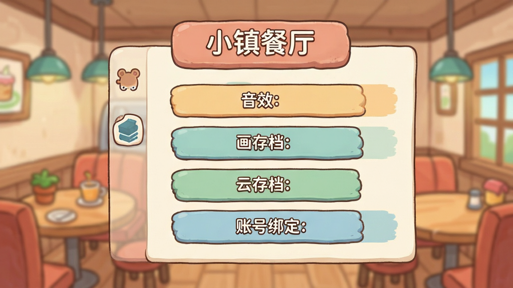 卡通风格的游戏设置界面,画面中“小镇餐厅”的设置菜单清晰可见,包含音效、画质、云存档、账号绑定等选项,界面简洁,配色柔和,背景为模糊的餐厅内景,风格为手绘卡通,细节清晰,画质干净,无多余元素