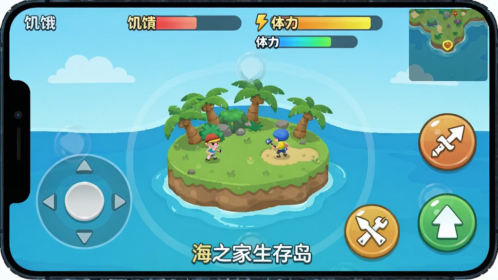 海之家生存岛移动端操作界面示意图,画面为手机屏幕竖屏展示,左侧虚拟摇杆,右侧攻击与跳跃按钮,顶部显示饥饿值和体力条,中间是岛屿场景,布局采用游戏UI排版,风格为扁平化卡通,细节包括按钮高光、状态条渐变、小地图缩略图,画质清晰干净,画面中带有“海之家生存岛”文字,无多余元素