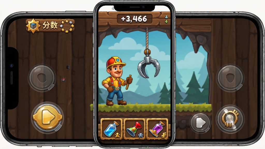 Gold Miner Classic �ƶ��˲������棬����Ϊ�ֻ���Ļ��ʾ��Ϸ���棬����Ϊ������ͼ����Ļ�Ϸ���ʾ������ʱ�䣬�м�Ϊ����ץ�����·�Ϊ���������Ű����������Ϊ�ִ�����UI���ϸ�ڰ���������ť������ͼ�ꡢ�������֣����ʸ��塢�ɾ����޶���Ԫ��