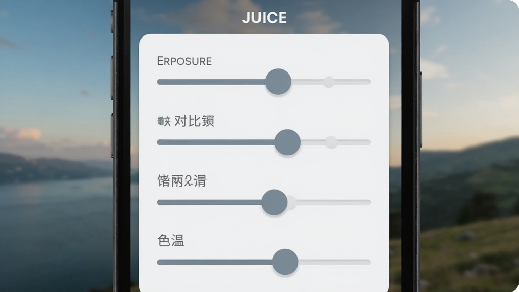 �ֻ�������д����ʾJUICEӦ�õ�һ��΢����壬�����ع⡢�Աȶȡ����Ͷȡ�ɫ���ĸ����ˣ�����Ϊģ���ķ羰��Ƭ����������ͻ��������Ϊ���½ṹ�����Ϊ��ƽ���ƶ���UI��ƣ�ϸ�ڰ���Բ��Ļ�����ǳ�ҵ�ɫ�����ʸɾ��������޶���װ��
