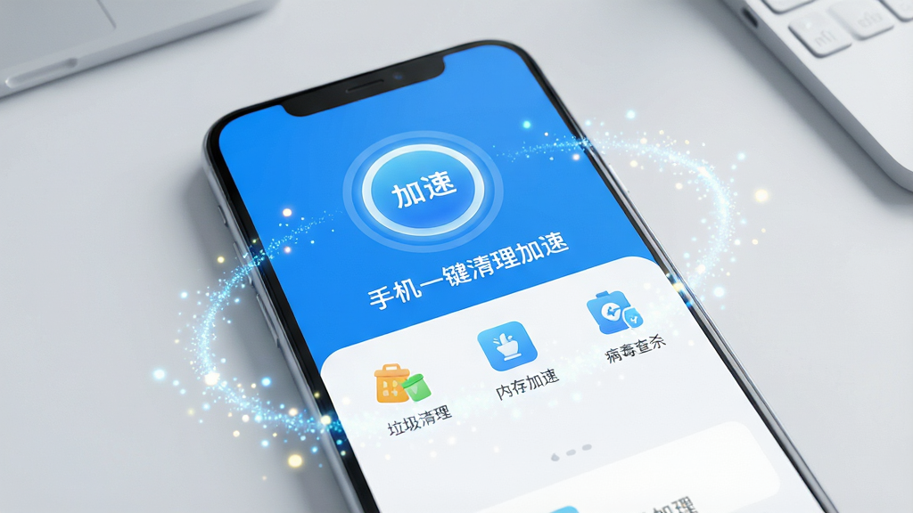 一张展示智能手机屏幕的写实风格图片,屏幕中央显示着“手机一键清理加速”的应用主界面,界面采用清新的蓝白配色,顶部有一个醒目的圆形加速按钮,下方排列着垃圾清理、内存加速、病毒查杀等功能图标,周围环绕着发光的清洁粒子特效,背景是简洁的浅灰色桌面环境,光线明亮柔和,画面干净整洁,高清画质,无多余元素
