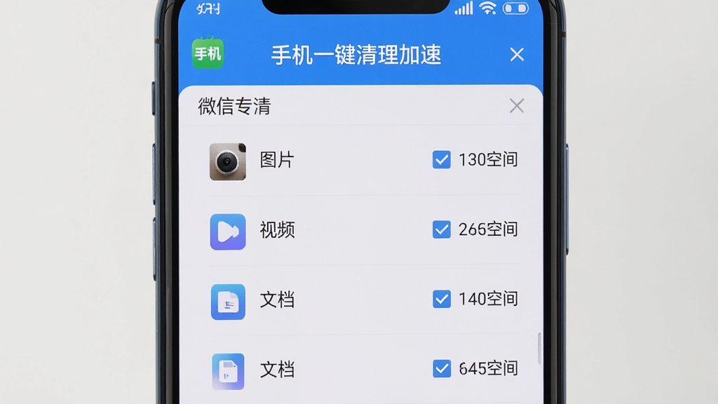 一张展示手机屏幕的图片,屏幕上打开着“手机一键清理加速”的微信专清页面,页面中分类列出了图片、视频、文档等选项,旁边有对应的勾选框和占用空间大小,界面设计清晰有条理,背景为纯色,光线均匀,画质清晰,无杂乱元素