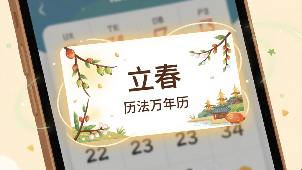 一张展示历法万年历节气提醒功能的插画,主体为手机屏幕弹出节气提醒卡片,卡片上写有