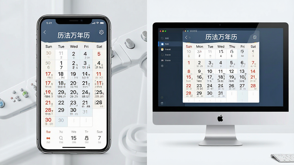 一张展示历法万年历在手机与电脑模拟器上同时运行的对比图,主体为左侧手机屏幕与右侧电脑屏幕,屏幕内均显示日历界面并标注