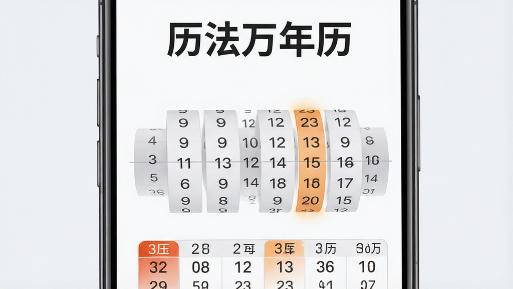 一张展示历法万年历年份查询功能的插画,主体为手机屏幕显示年份选择滚轮与农历对照表格,屏幕上方标注